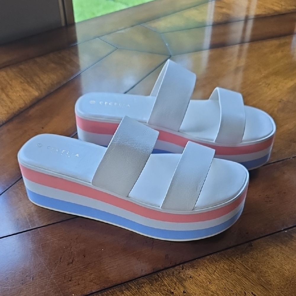 Cecelia New York White Platform Sandals with Multicolor Stripes